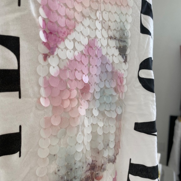 White Racer Back Knit Graphic Tank Tee With Mesh Back And Pastel Sequin Details - Picture 2 of 14